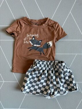 Mick Mack|Baby boy/Toddler summer set,checkered lounge shorts & Brown Fox Tee•••